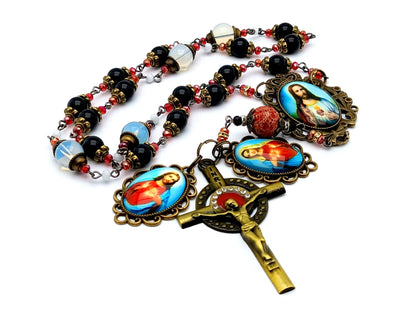 Two Heart of Jesus and Mary unique rosary beads prayer chaplet with onyx and opal gemstone beads, bronze and red enamel crucifix and bronze picture medal.