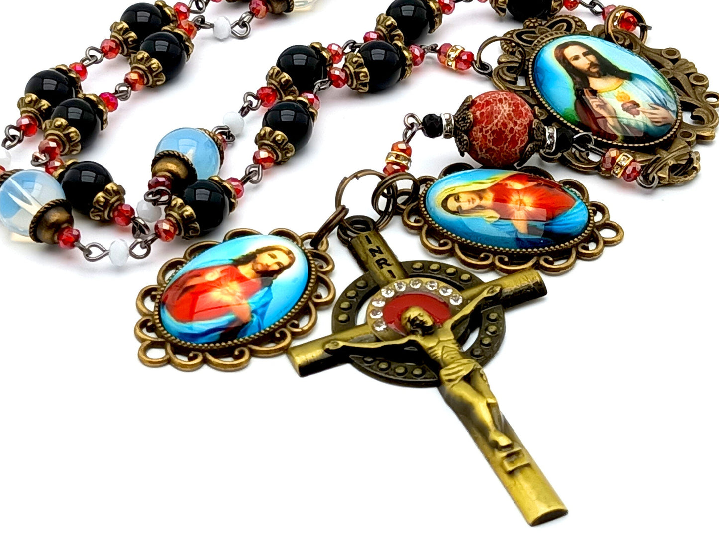 Two Heart of Jesus and Mary unique rosary beads prayer chaplet with onyx and opal gemstone beads, bronze and red enamel crucifix and bronze picture medal.