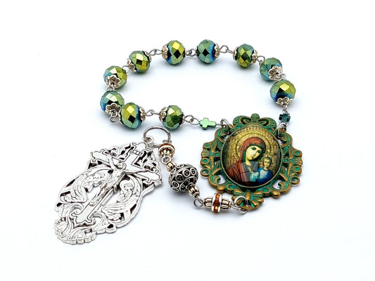 Our Lady of Perpetual Succor unique rosary beads single decade rosary with green faceted glass beads, silver two angels crucifix and verdigris picture centre medal. 