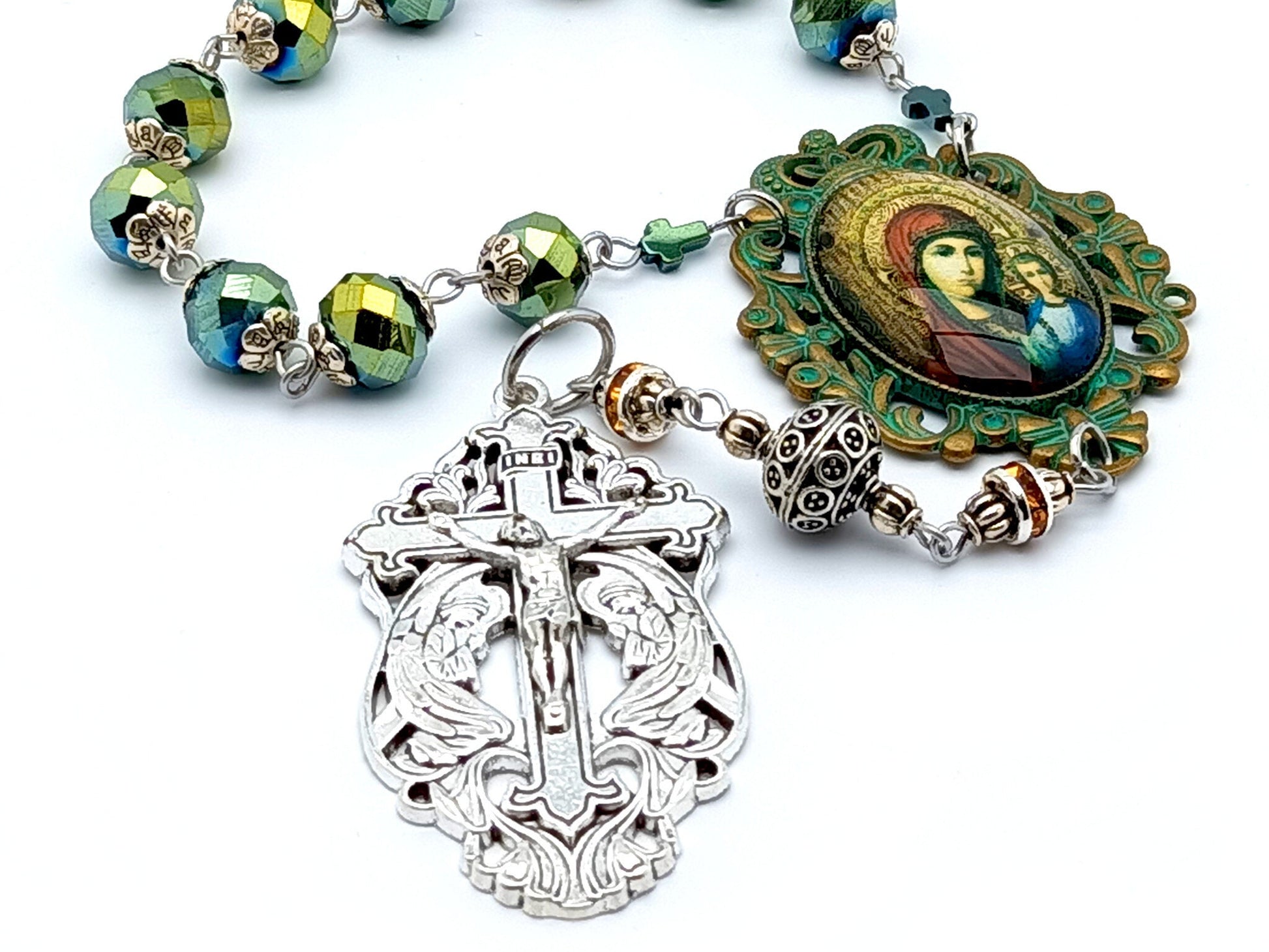Our Lady of Perpetual Succor unique rosary beads single decade rosary with green faceted glass beads, silver two angels crucifix and verdigris picture centre medal. 