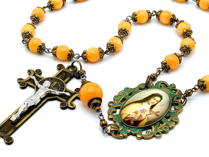 Saint Therese of Lisieux unique rosary beads prayer chaplet with yellow agate gemstone beads, bronze verdigris picture centre medal and bronze crucifix. 