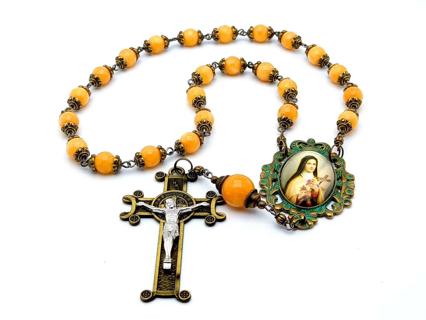 Saint Therese of Lisieux unique rosary beads prayer chaplet with yellow agate gemstone beads, bronze verdigris picture centre medal and bronze crucifix. 