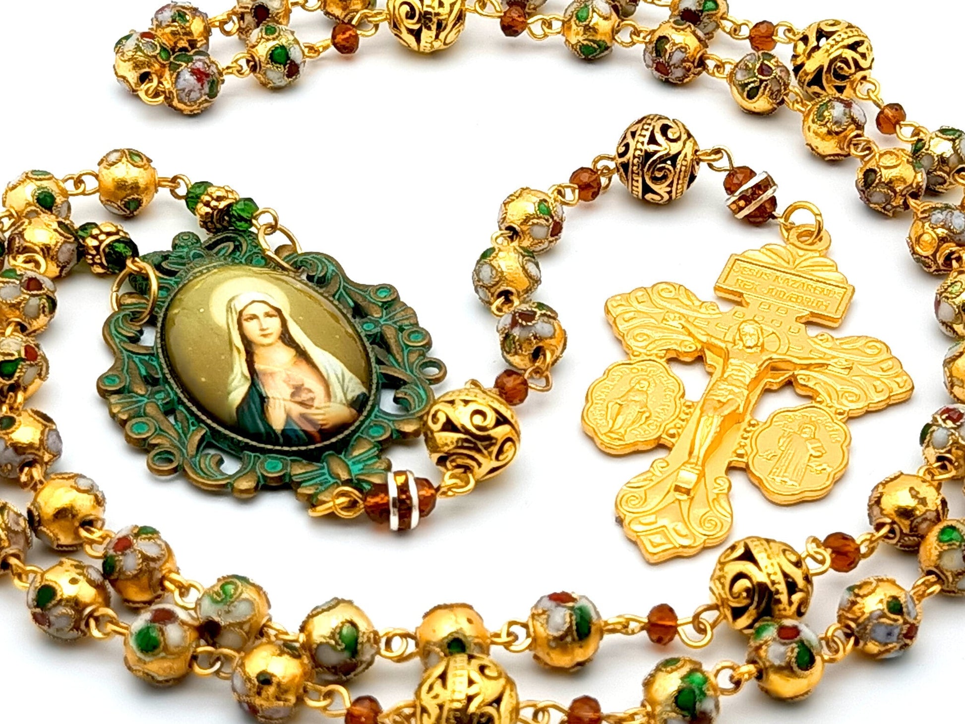 Immaculate Heart of Mary unique rosary beads with cloisonne gold enamel beads, golden double sided pardon crucifix and verdigris picture centre medal.