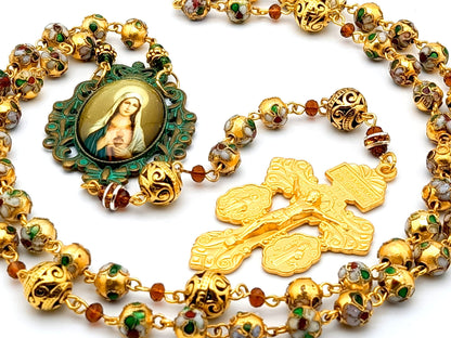 Immaculate Heart of Mary unique rosary beads with cloisonne gold enamel beads, golden double sided pardon crucifix and verdigris picture centre medal.