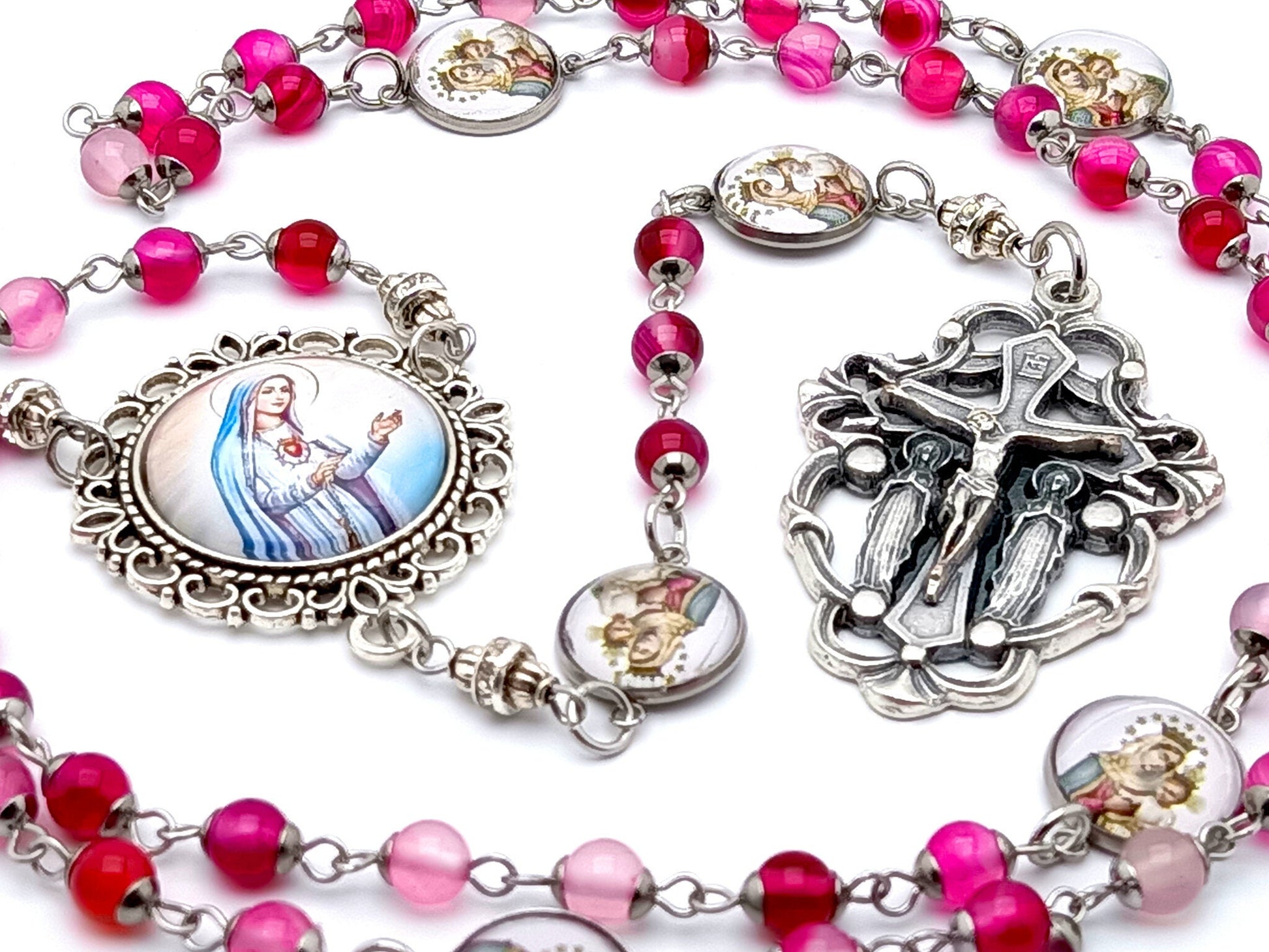 Immaculate Heart of Mary unique rosary beads with pink agate gemstone and picture medal beads, holy angel crucifix and picture centre medal.