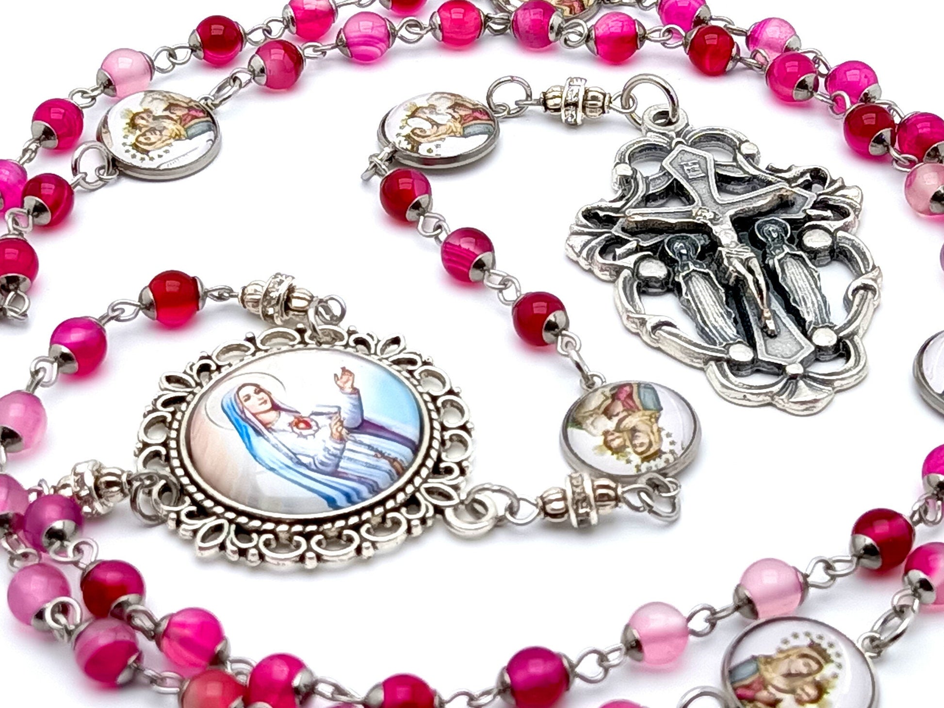 Immaculate Heart of Mary unique rosary beads with pink agate gemstone and picture medal beads, holy angel crucifix and picture centre medal.
