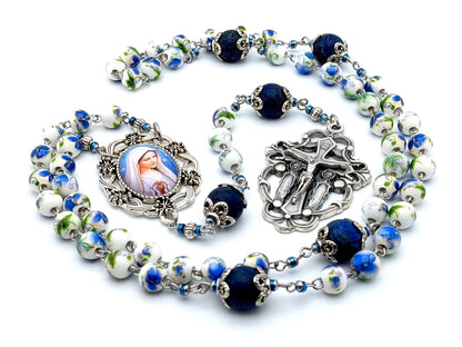 Immaculate of Mary unique rosary beads with blue floral porcelain and matt lapis lazuli beads, holy angels crucifix and picture centre medal.