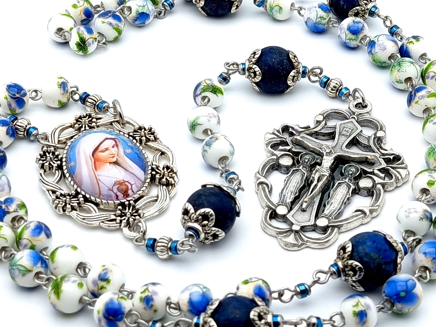 Immaculate of Mary unique rosary beads with blue floral porcelain and matt lapis lazuli beads, holy angels crucifix and picture centre medal.