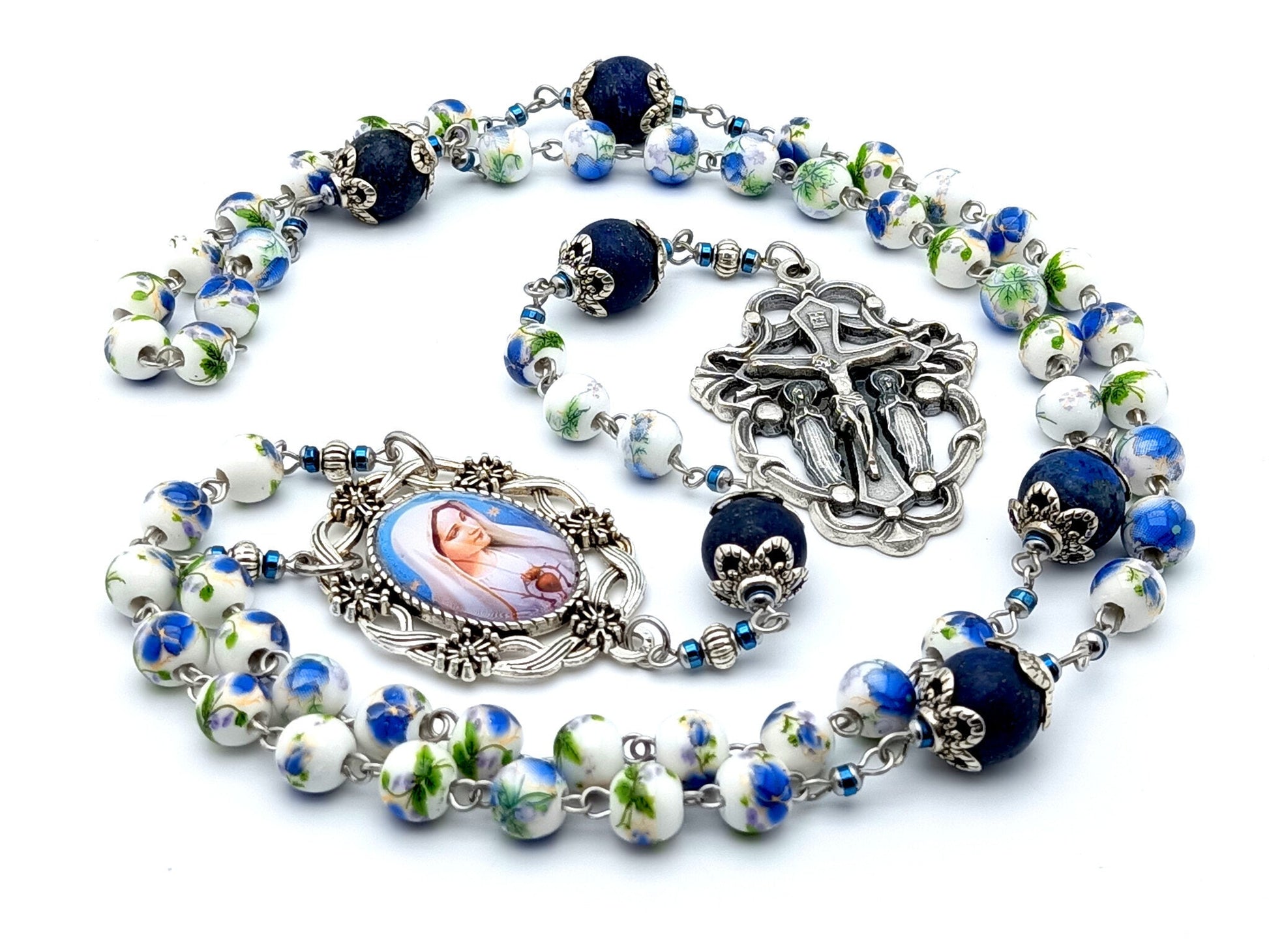 Immaculate of Mary unique rosary beads with blue floral porcelain and matt lapis lazuli beads, holy angels crucifix and picture centre medal.