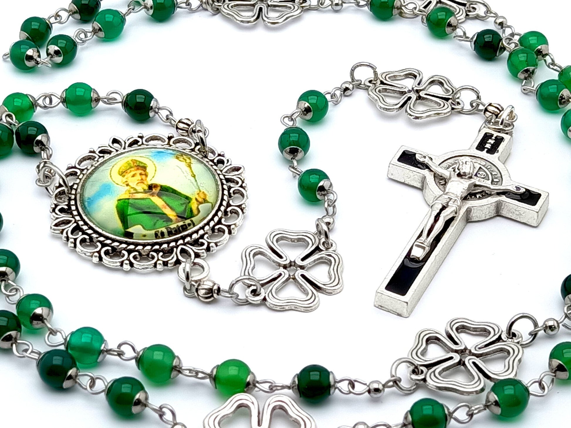 Saint Patrick unique rosary beads with green agate and silver shamrock beads, silver and black enamel crucifix and picture centre medal.