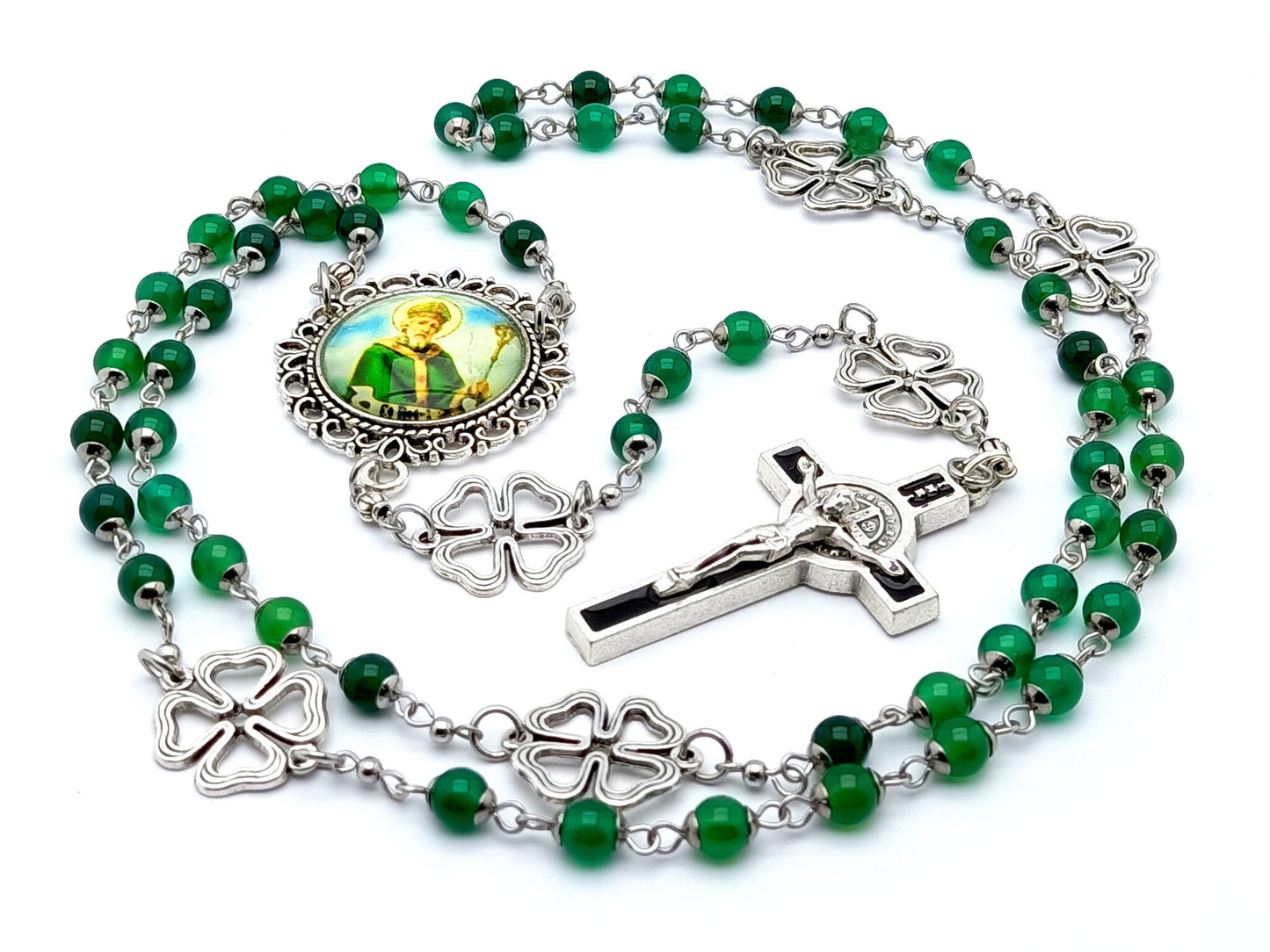 Saint Patrick unique rosary beads with green agate and silver shamrock beads, silver and black enamel crucifix and picture centre medal.