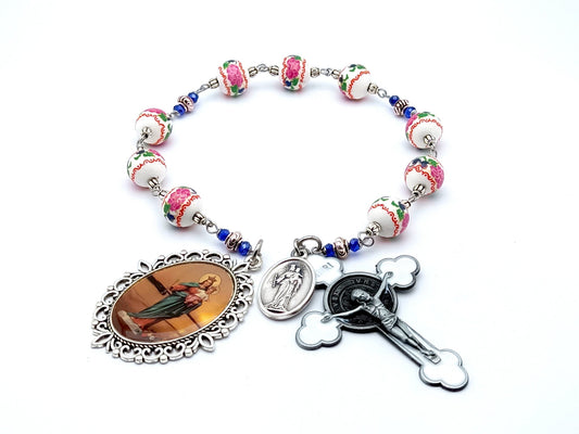 Our Lady helper of Christians unique rosary beads prayer chaplet with pink and green floral porcelain beads, white enamel pewter crucifix and picture end medal.