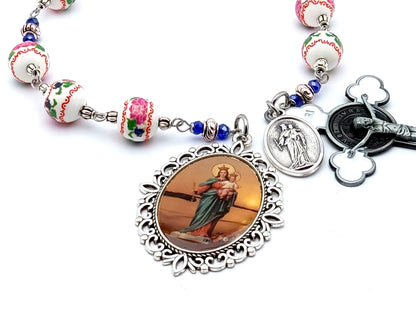 Our Lady helper of Christians unique rosary beads prayer chaplet with pink and green floral porcelain beads, white enamel pewter crucifix and picture end medal.