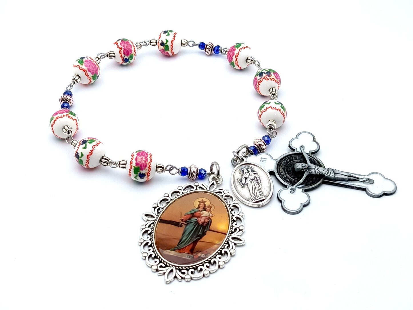 Our Lady helper of Christians unique rosary beads prayer chaplet with pink and green floral porcelain beads, white enamel pewter crucifix and picture end medal.