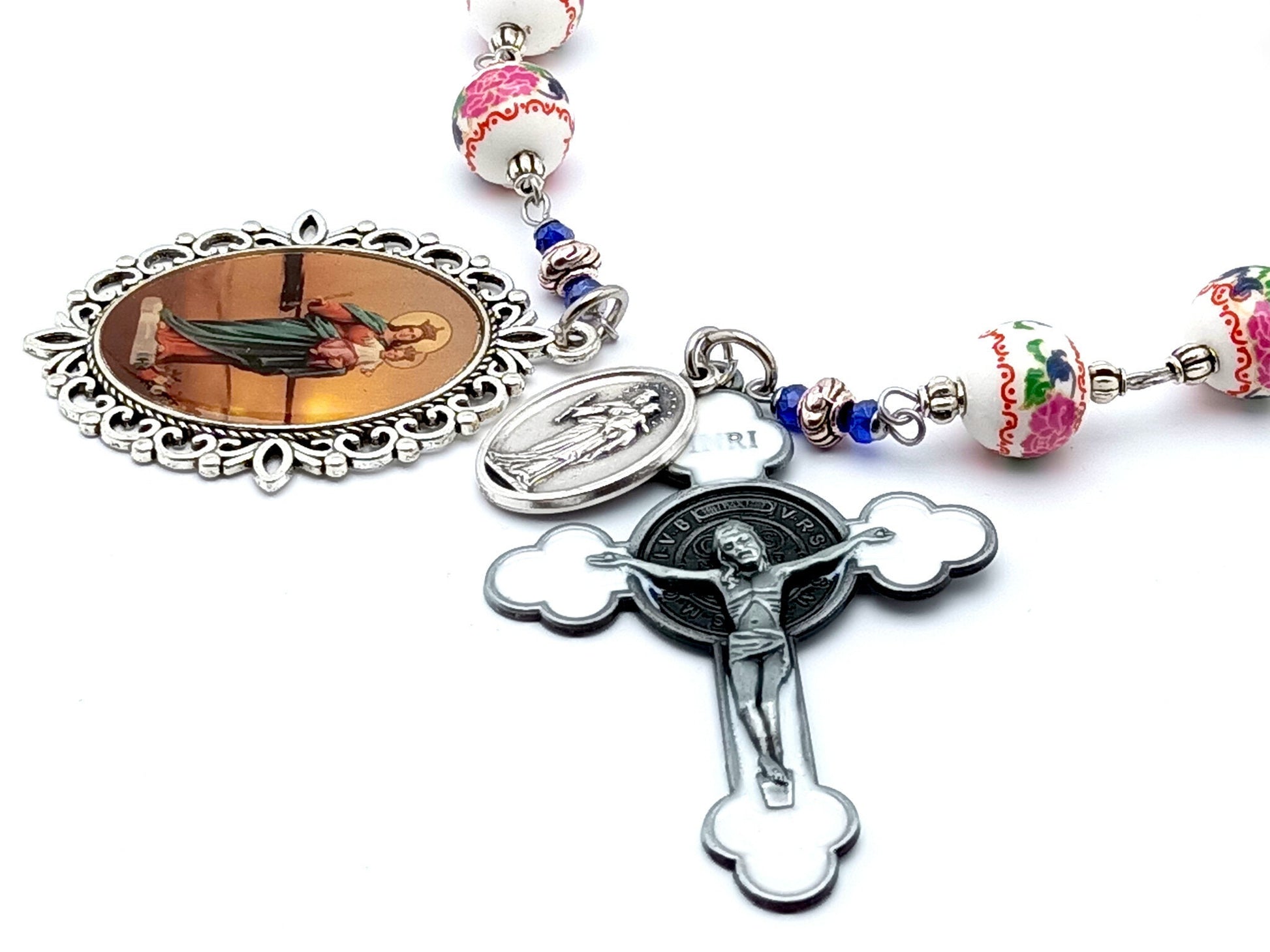 Our Lady helper of Christians unique rosary beads prayer chaplet with pink and green floral porcelain beads, white enamel pewter crucifix and picture end medal.