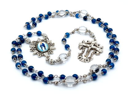 Our Lady of Grace unique rosary beads with blue agate and crystal gemstone beads, filigree crucifix and picture centre medal.