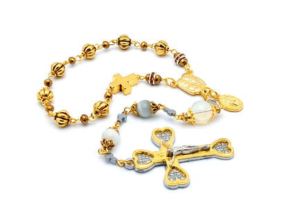 Our Lady of Sorrows unique rosary beads dolor rosary with golden and opal beads, Holy Spirit centre and gold heart crucifix.