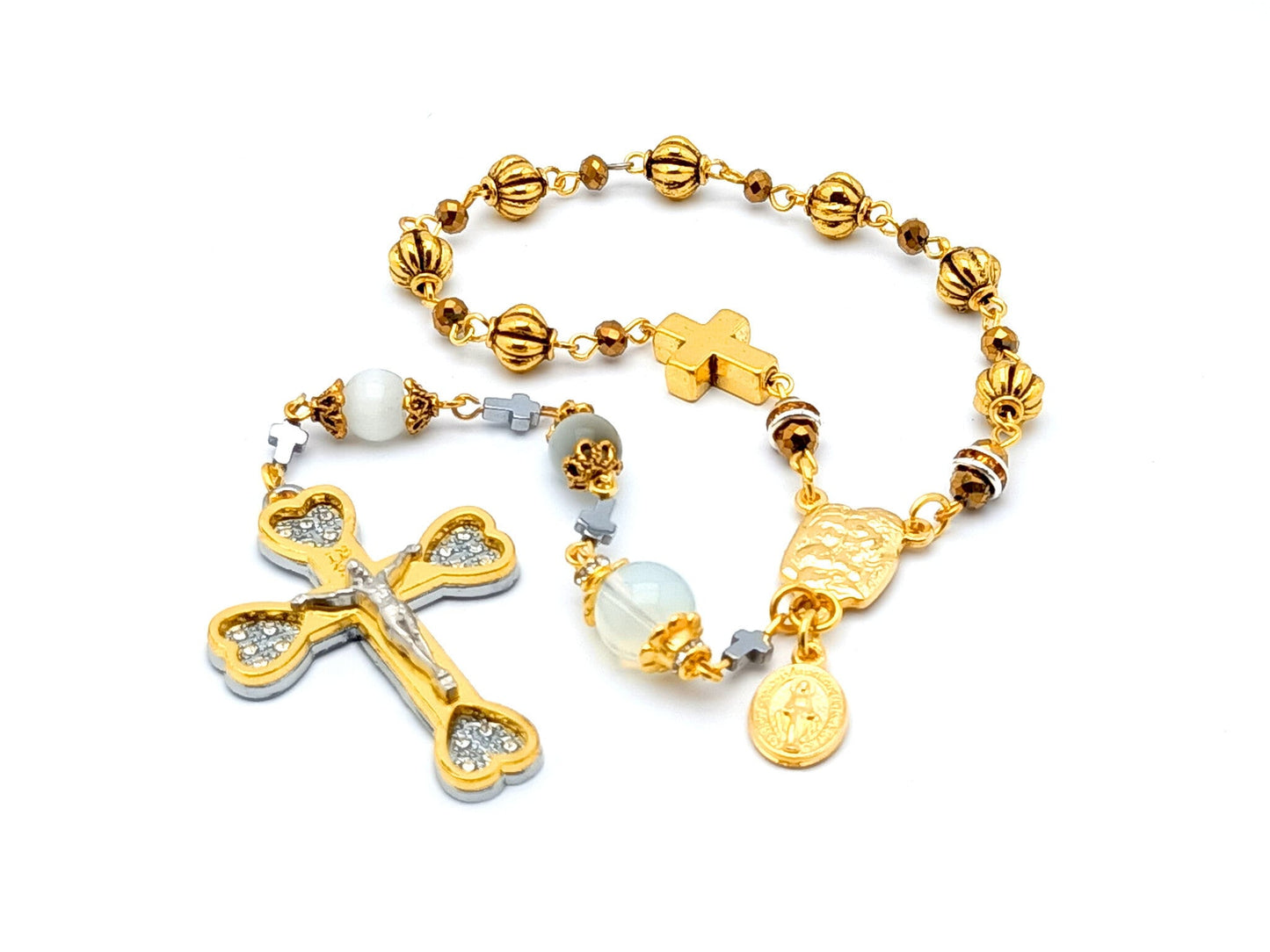 Our Lady of Sorrows unique rosary beads dolor rosary with golden and opal beads, Holy Spirit centre and gold heart crucifix.