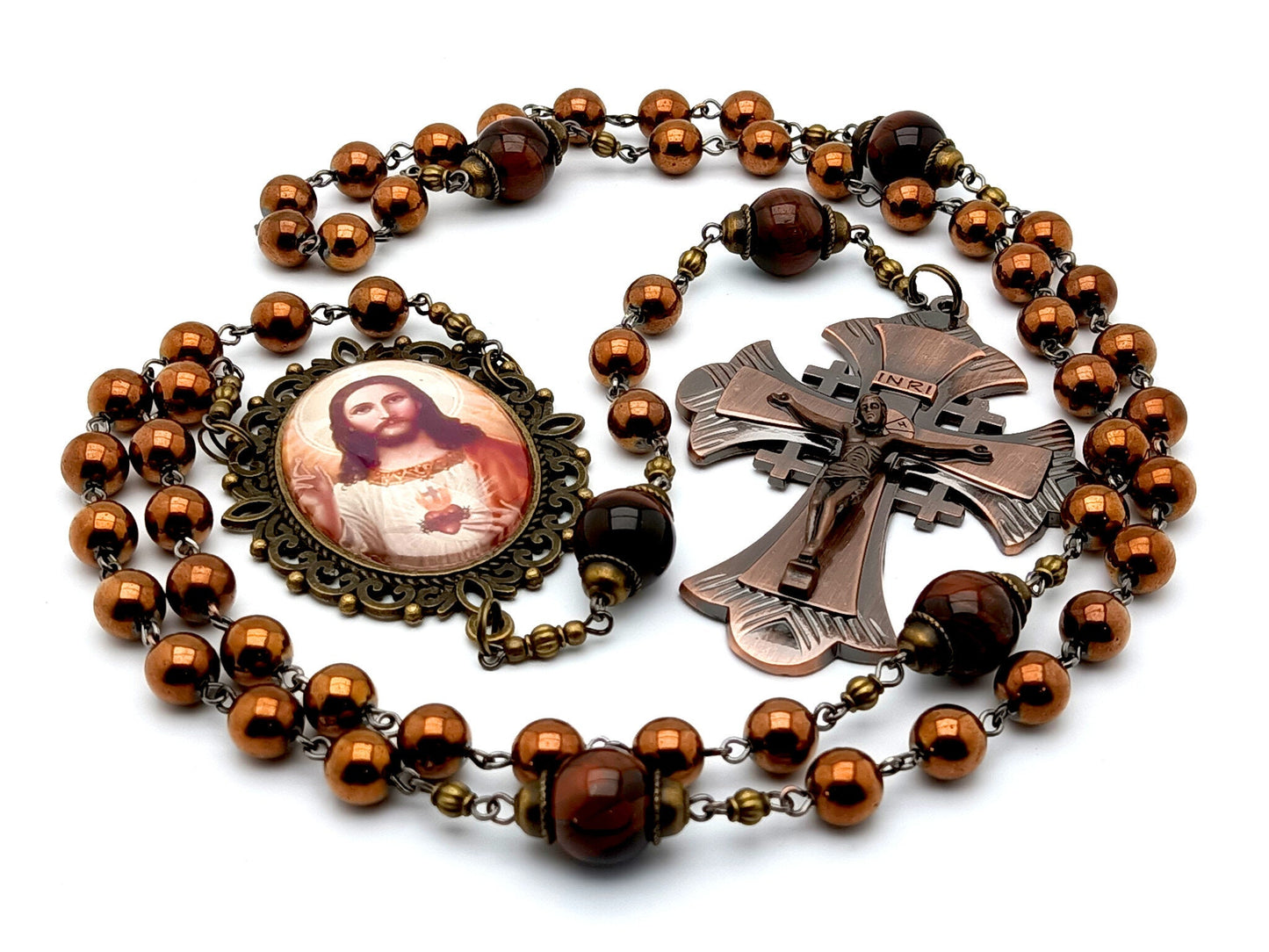 Sacred Heart unique rosary beads with bronze hematite and tigers eye gemstone beads, bronze crucifix and picture centre medal.