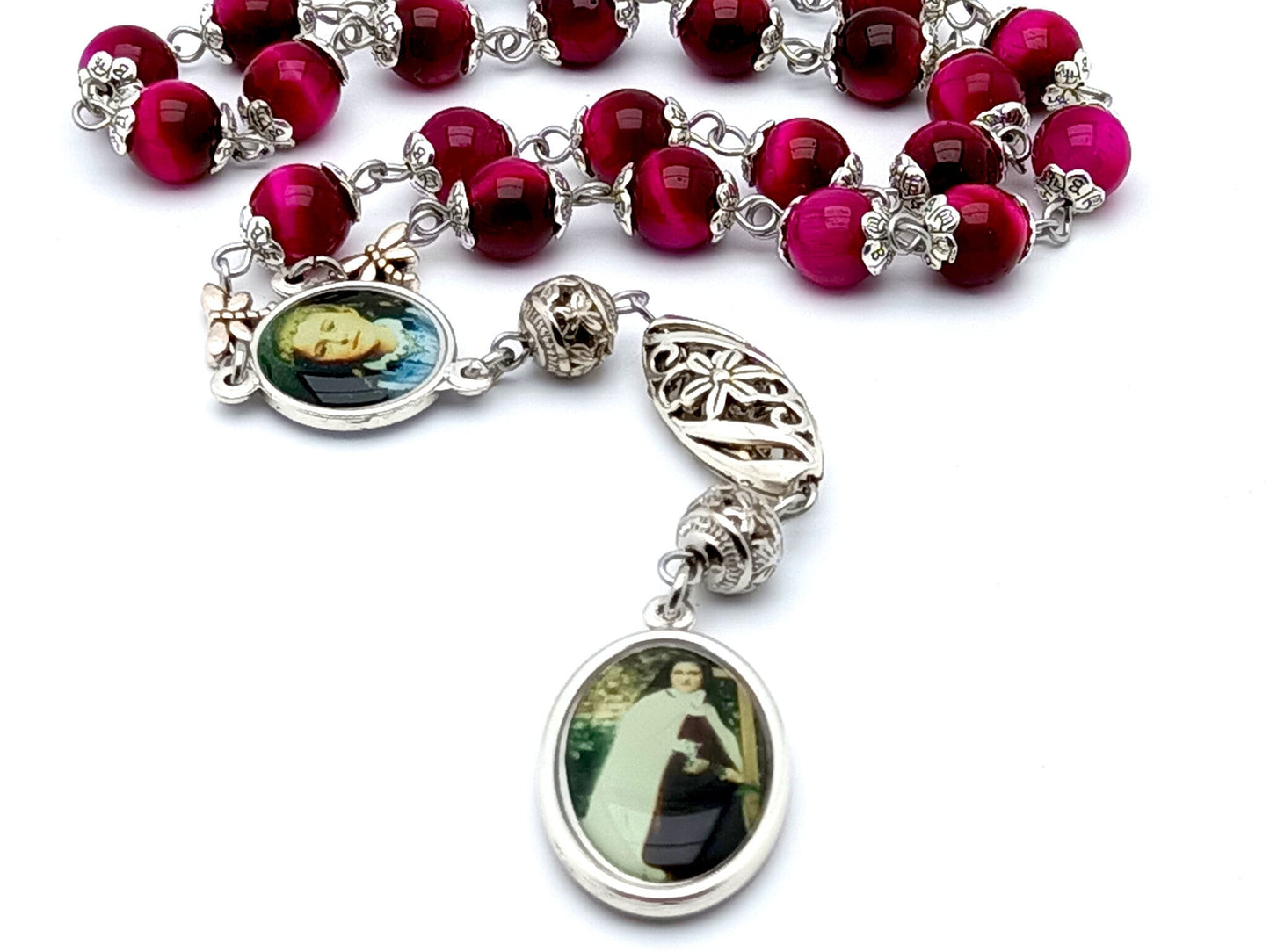 Saint Therese of Lisieux unique rosary beads prayer chaplet with pink tigers eye gemstone and silver beads, picture end and centre medals.