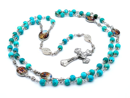 The Golrious Mysteries unique rosary beads with turquoise gemstone and Miraculous medal linking beads, silver crucifix and picture centre medal.