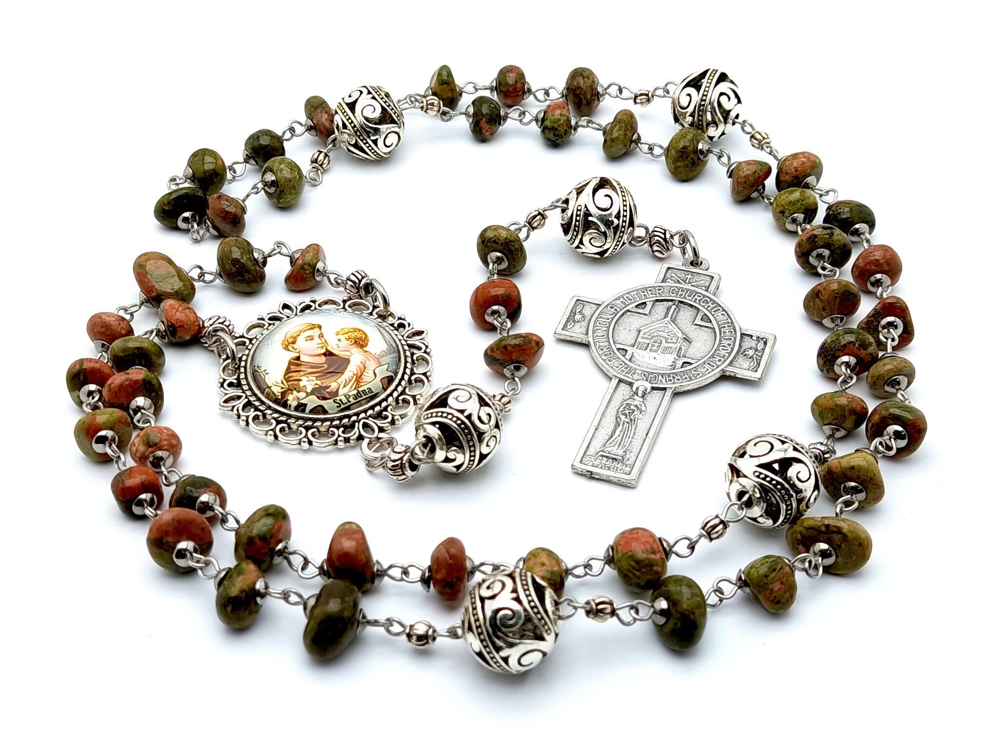 Saint Anthony of Padua unique rosary beads with nugget gemstone and silver bali beads, Portiuncula crucifix and picture centre medal.