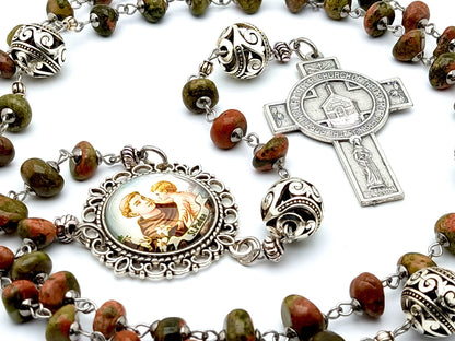 Saint Anthony of Padua unique rosary beads with nugget gemstone and silver bali beads, Portiuncula crucifix and picture centre medal.