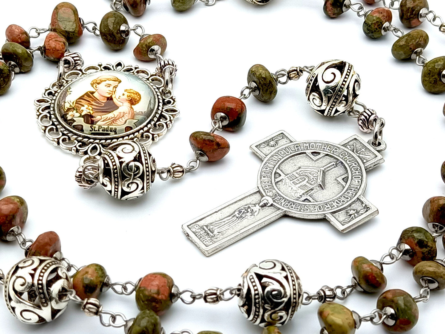 Saint Anthony of Padua unique rosary beads with nugget gemstone and silver bali beads, Portiuncula crucifix and picture centre medal.