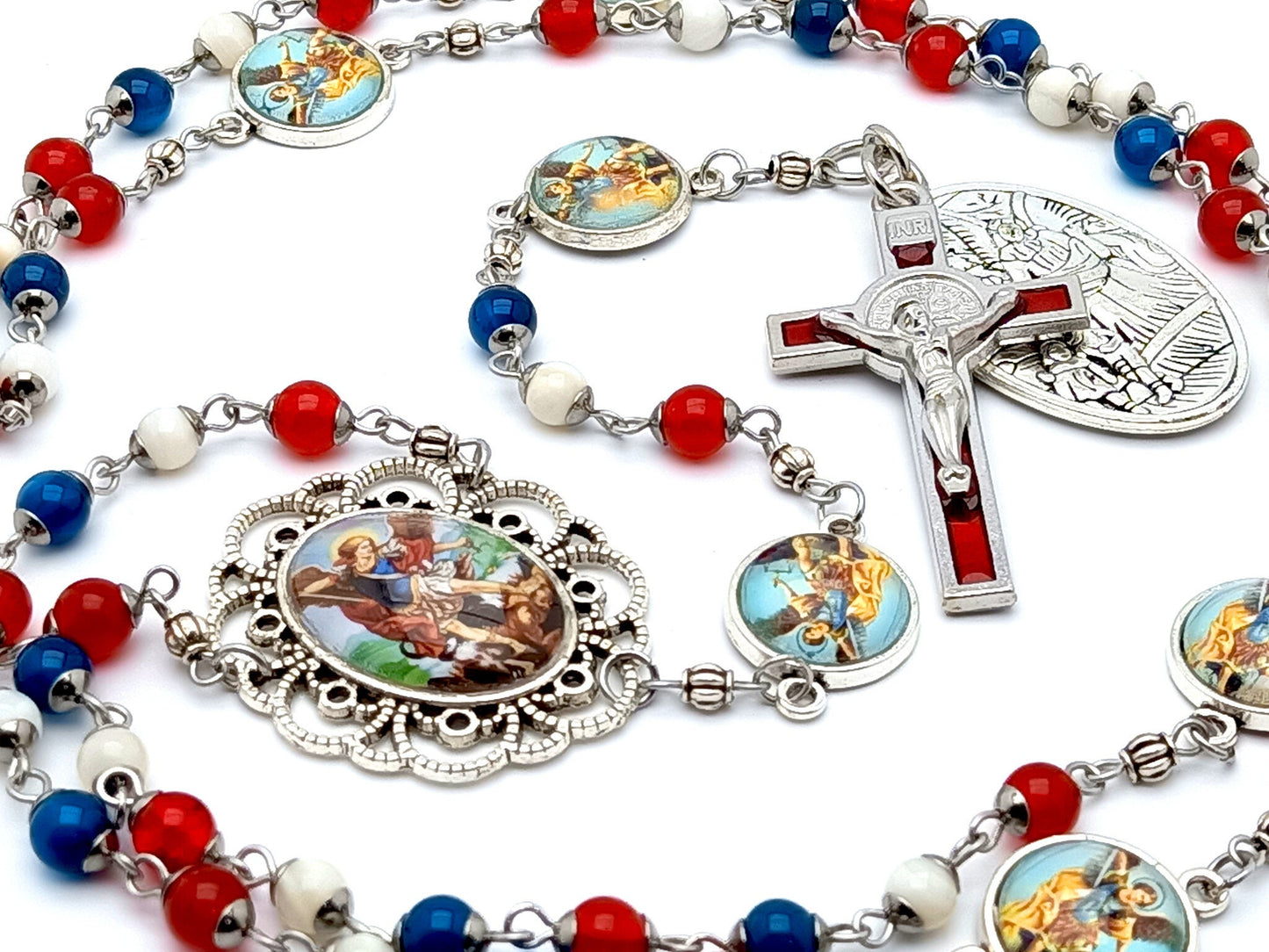 Saint Michael unique rosary beads with red white and blue gemstone beads and picture linking beads, red enamel crucifix and picture centre medal.