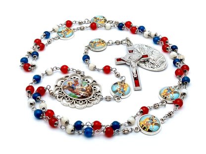 Saint Michael unique rosary beads with red white and blue gemstone beads and picture linking beads, red enamel crucifix and picture centre medal.