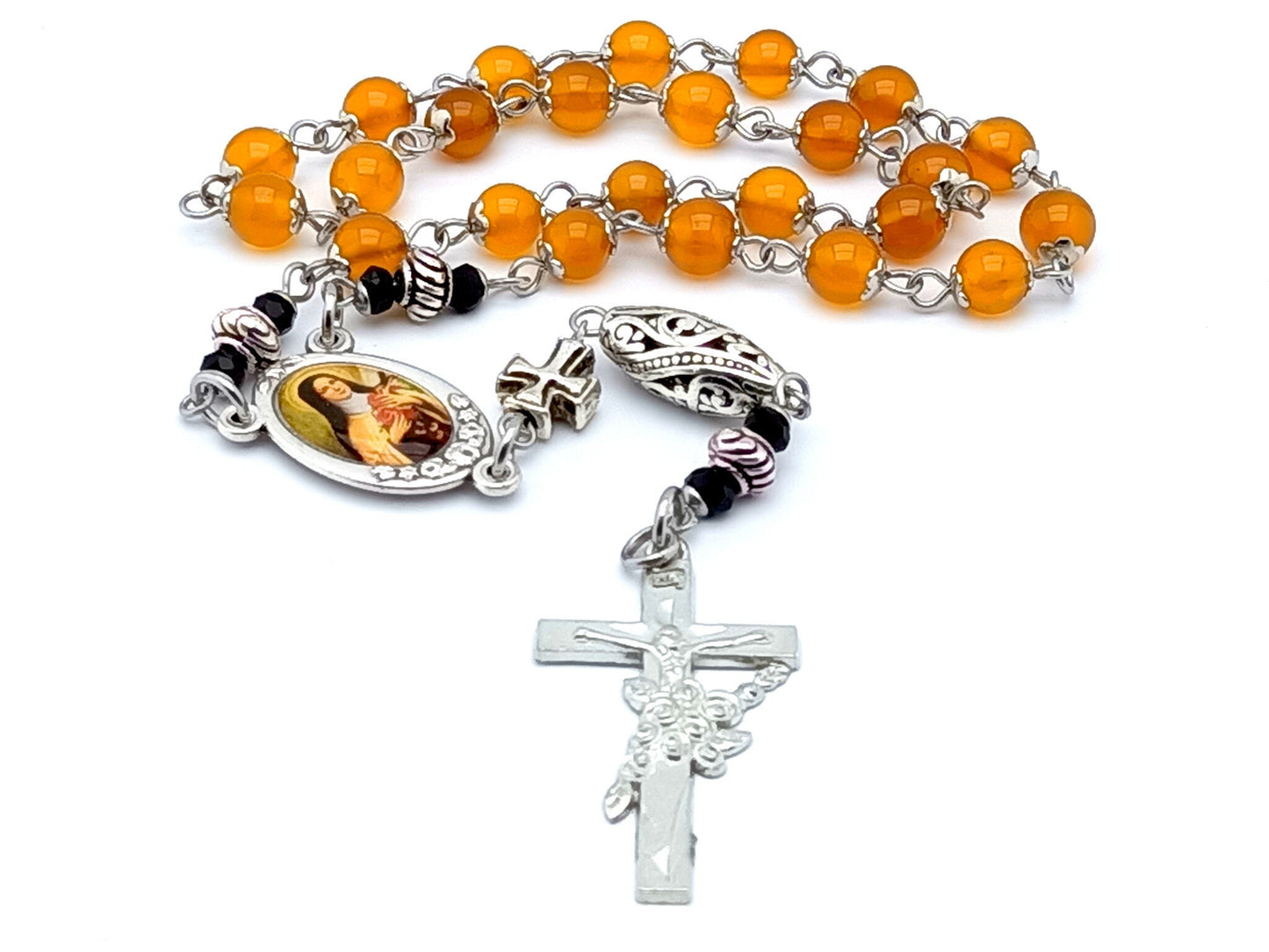 Saint Therese of Lisieux unique rosary beads prayer chaplet with orange agate gemstone beads, floral crucifix and picture centre medal.