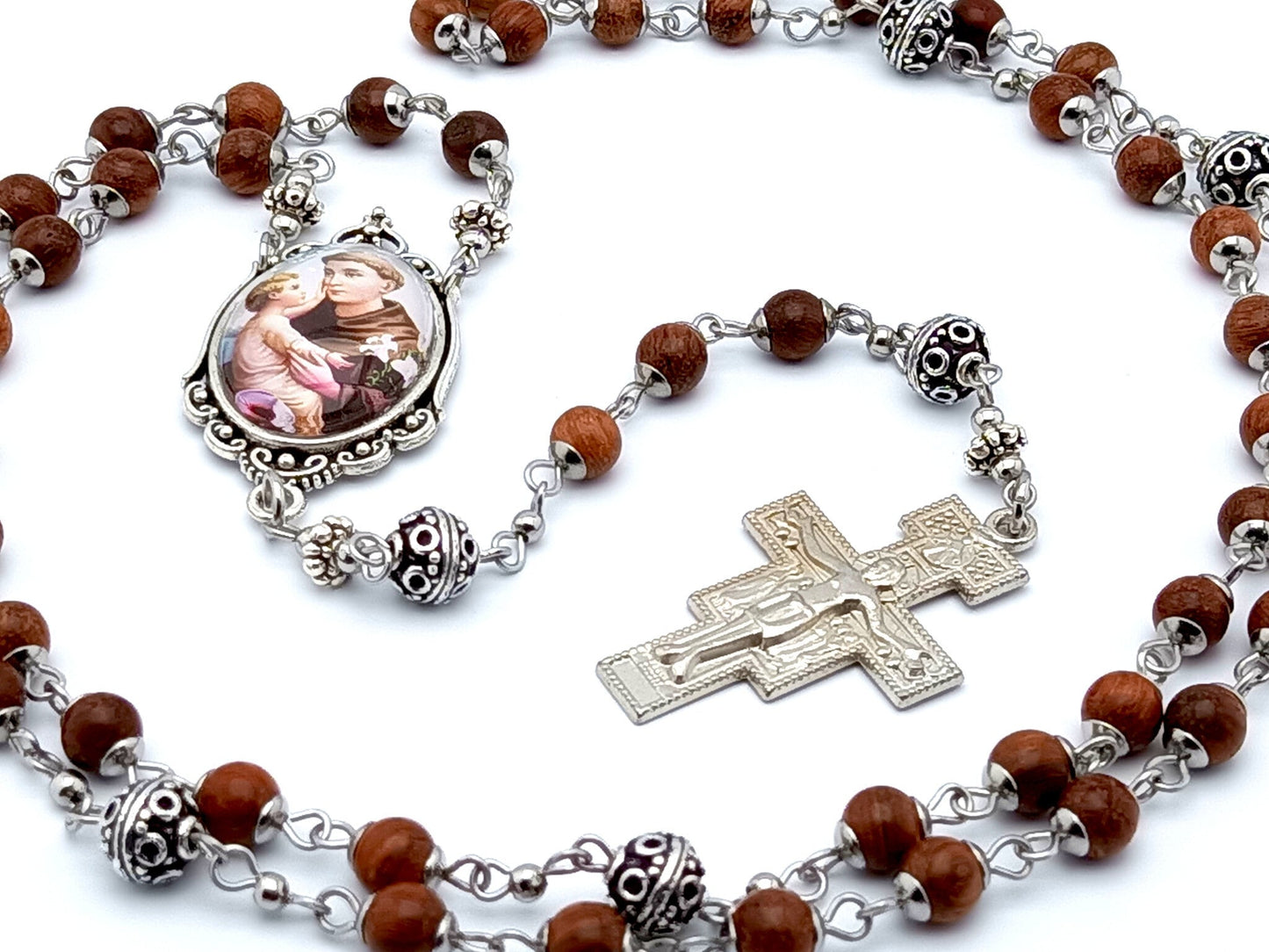 Saint Anthony of Padua unique rosary beads with natural wooden and silver beads, Saint Francis crucifix and picture centre medal.