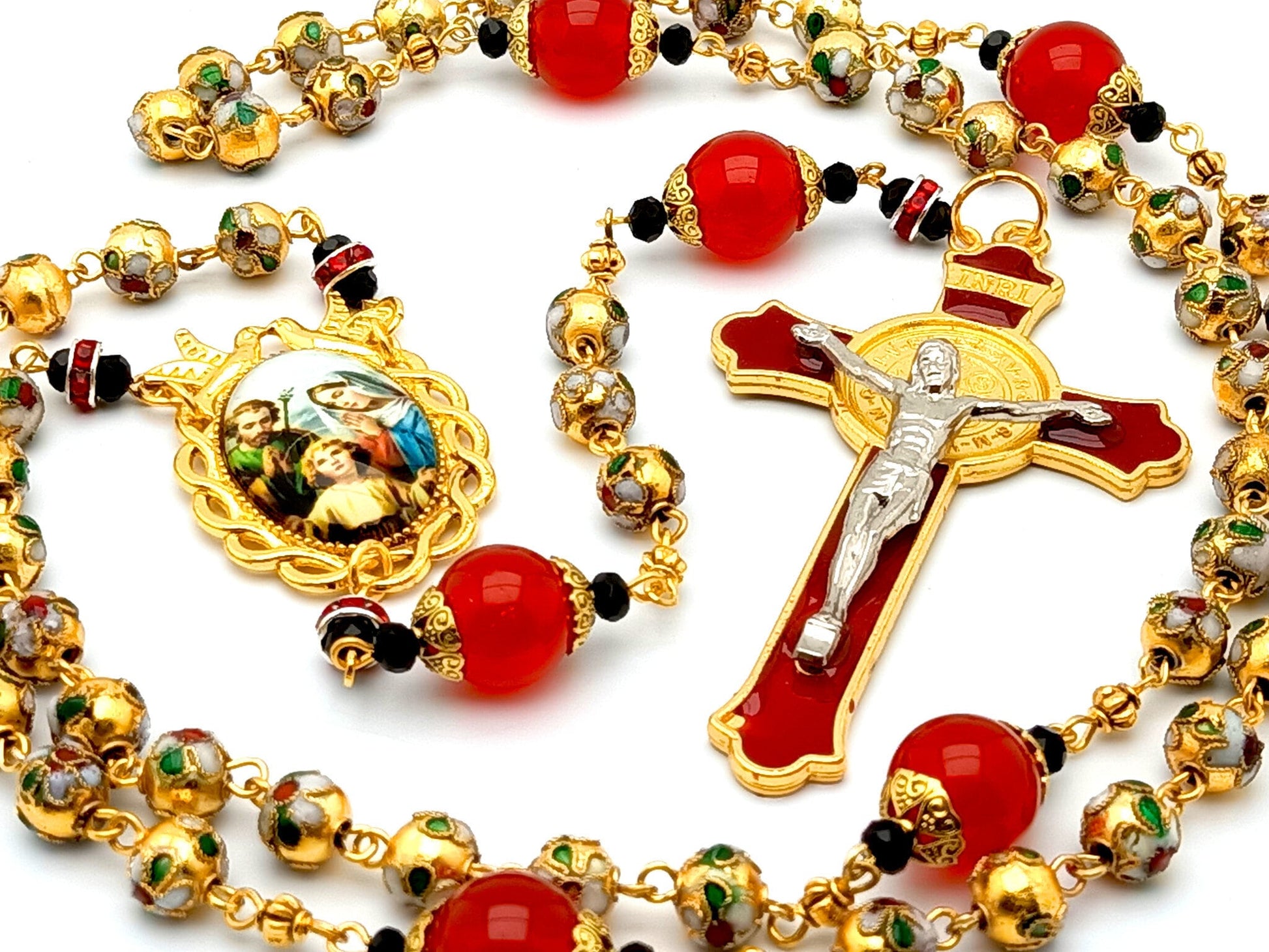 Holy family unique rosary beads with golden cloisonne and red jasper beads, red enamel crucifix and golden picture centre medal.
