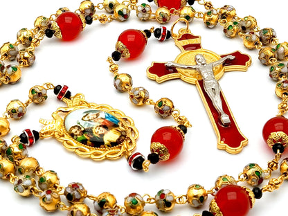 Holy family unique rosary beads with golden cloisonne and red jasper beads, red enamel crucifix and golden picture centre medal.