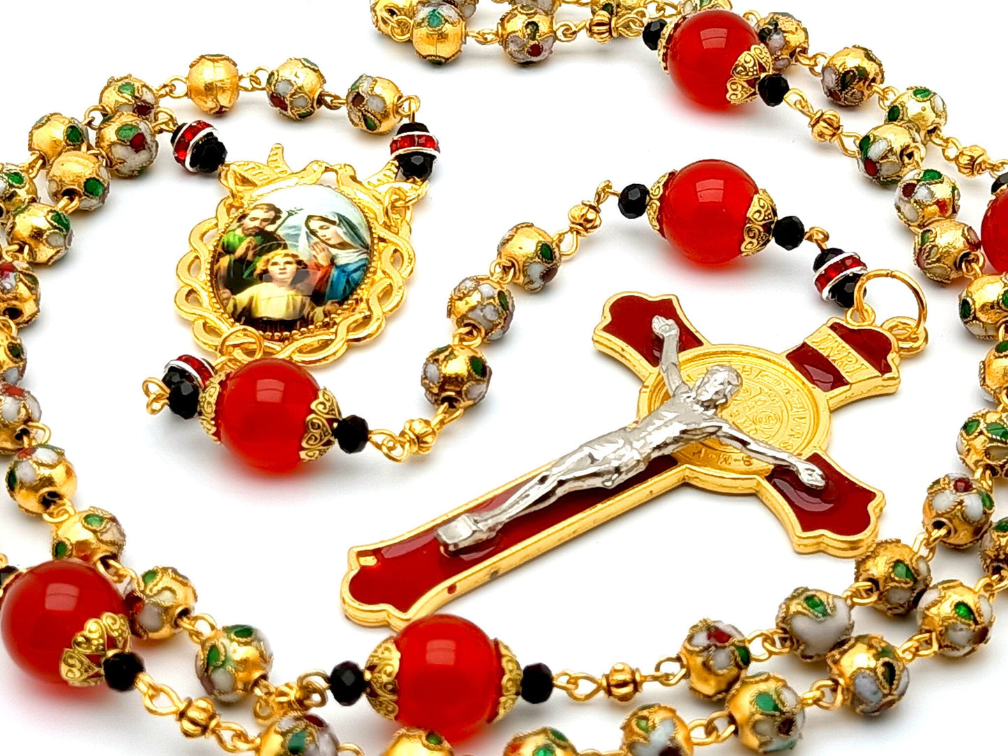 Holy family unique rosary beads with golden cloisonne and red jasper beads, red enamel crucifix and golden picture centre medal.