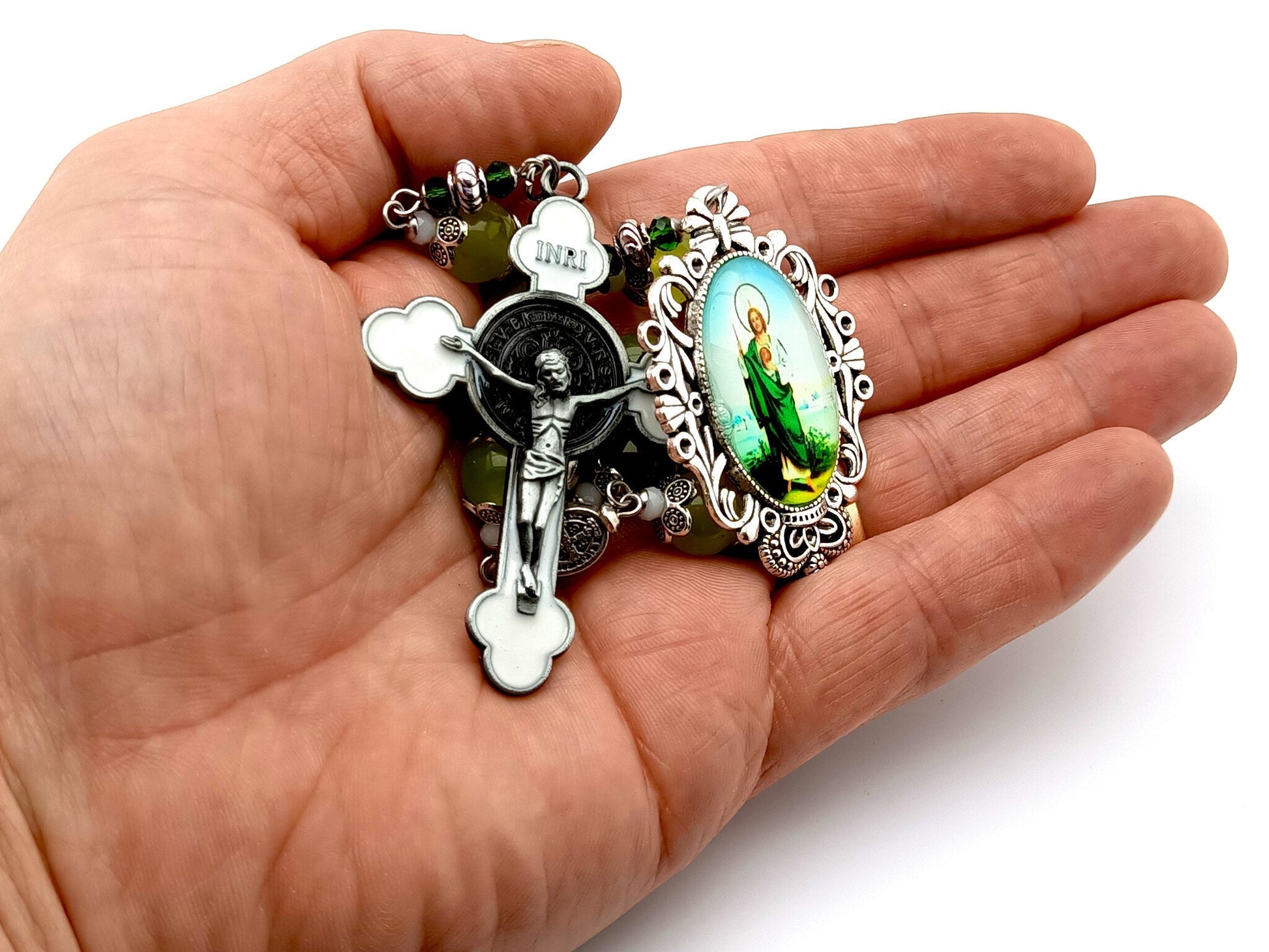 Saint Jude unique rosary beads prayer chaplet with peridot gemstone beads, white enamel crucifix and picture end medal.