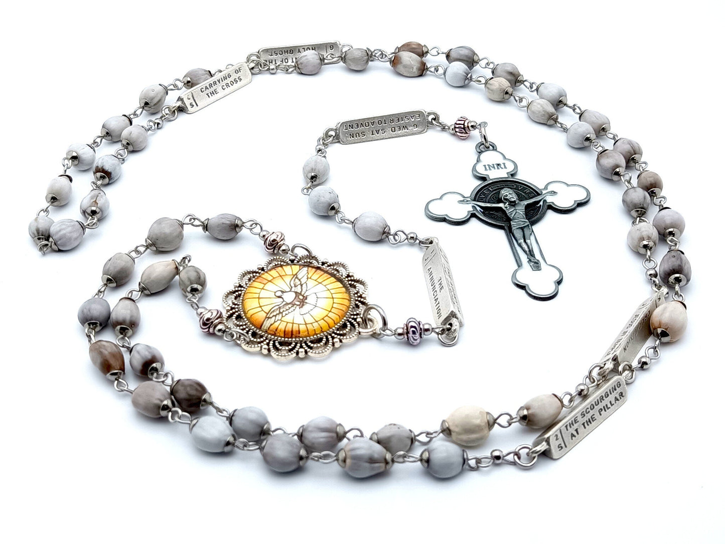 Holy Spirit unique rosary beads with jobs tears and mysteries of the rosary linking beads, white enamel crucifix and picture centre medal.