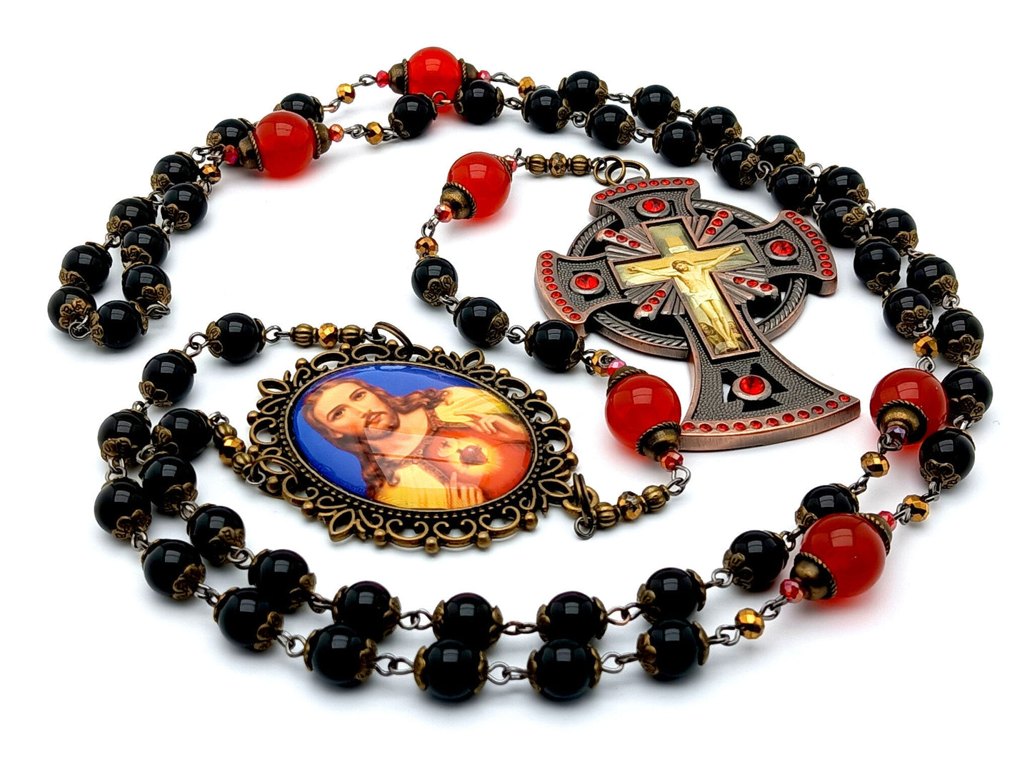 Vintage Sacred Heart of Jesus unique rosary beads with onyx and red jasper gemstone beads, large picture corpus crucifix with red crystal details and picture centre medal.