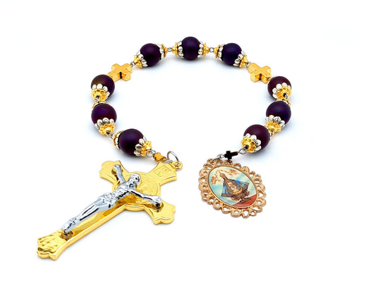 Our Lady of Charity unique rosary beads prayer chaplet with purple glass and gold cross beads, St Benedict crucifix and picture end medal.