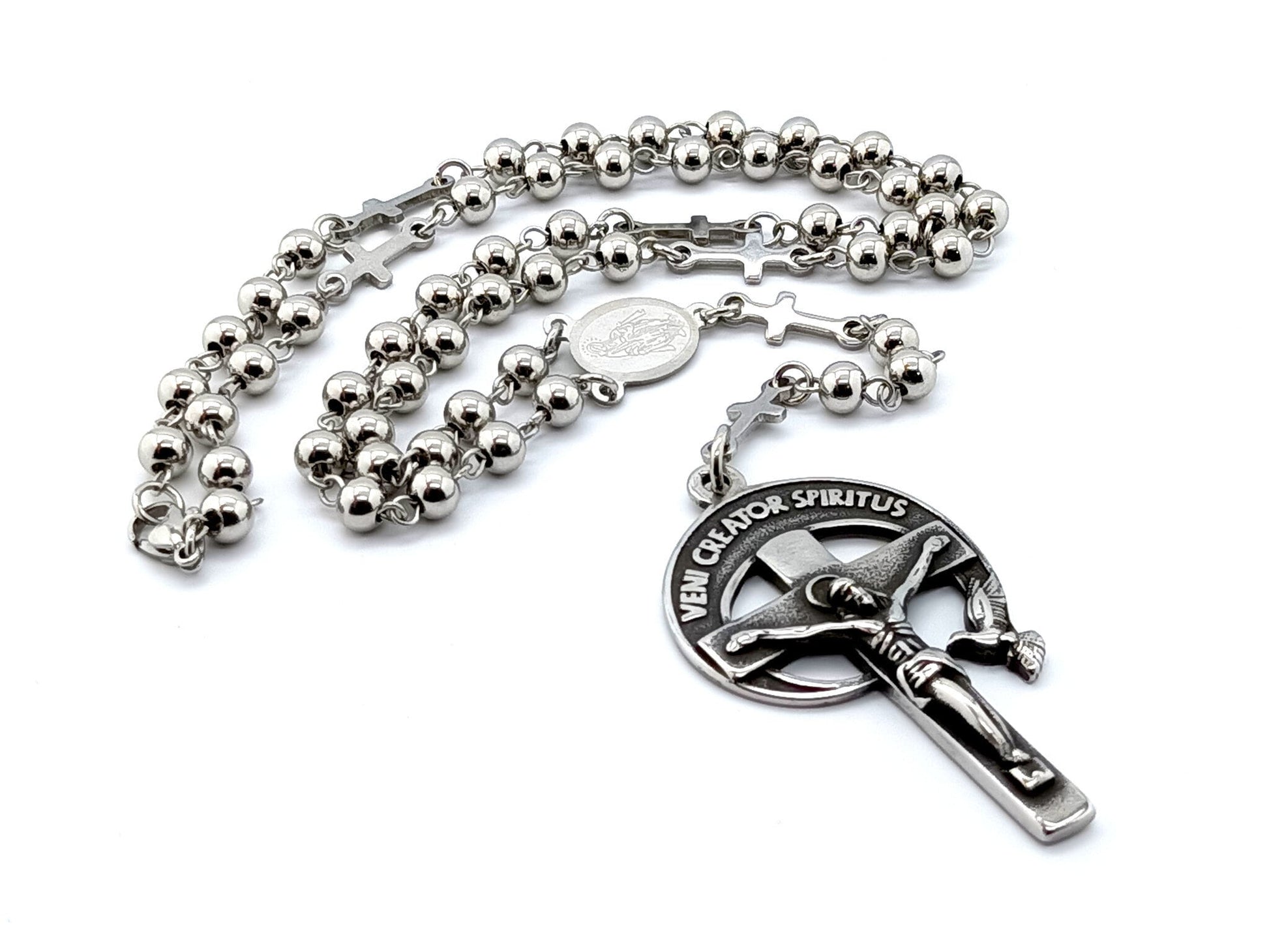 Holy Spirit unique rosary beads with stainless steel beadsand cross linking beads, stainless steel crucifix and miraculous medal centre.