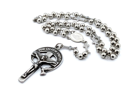 Holy Spirit unique rosary beads with stainless steel beadsand cross linking beads, stainless steel crucifix and miraculous medal centre.
