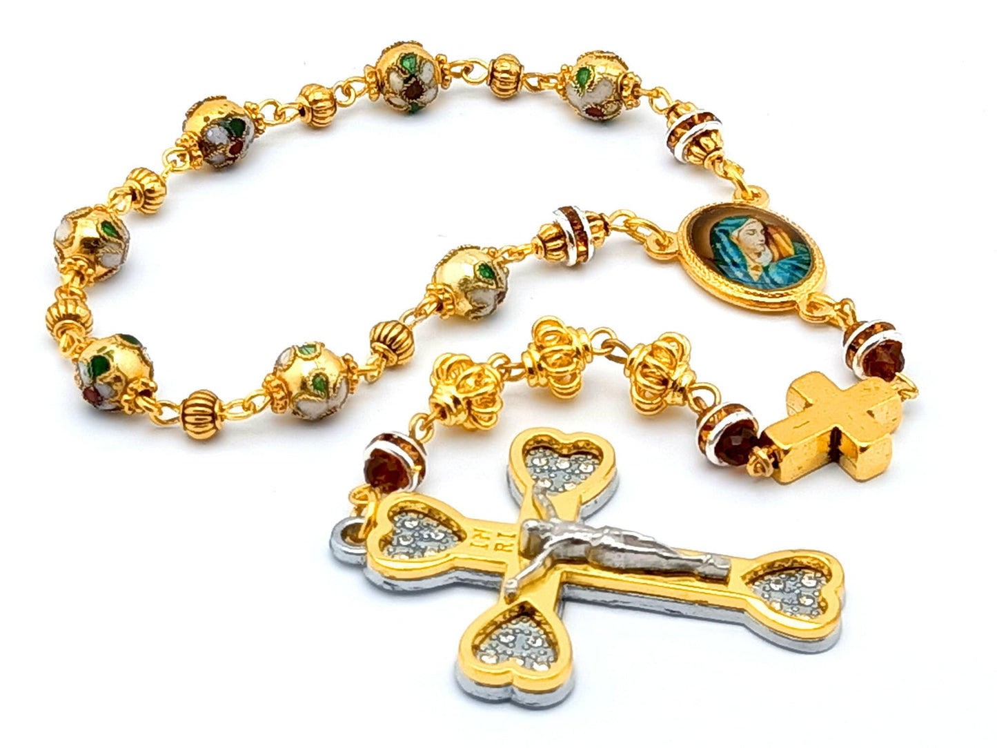 Our Lady of Sorrows unique rosary beads dolor rosary prayer chaplet with gold floral cloisonne beads, golden diamonte crucifix and picture centre medal.