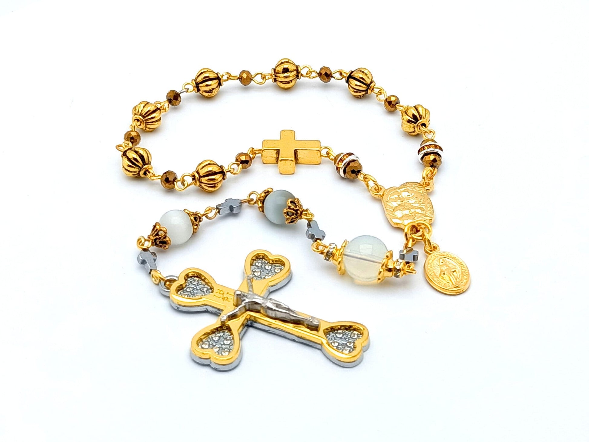 Our Lady of Sorrows unique rosary beads dolor rosary with golden and opal beads, Holy Spirit centre and gold heart crucifix.