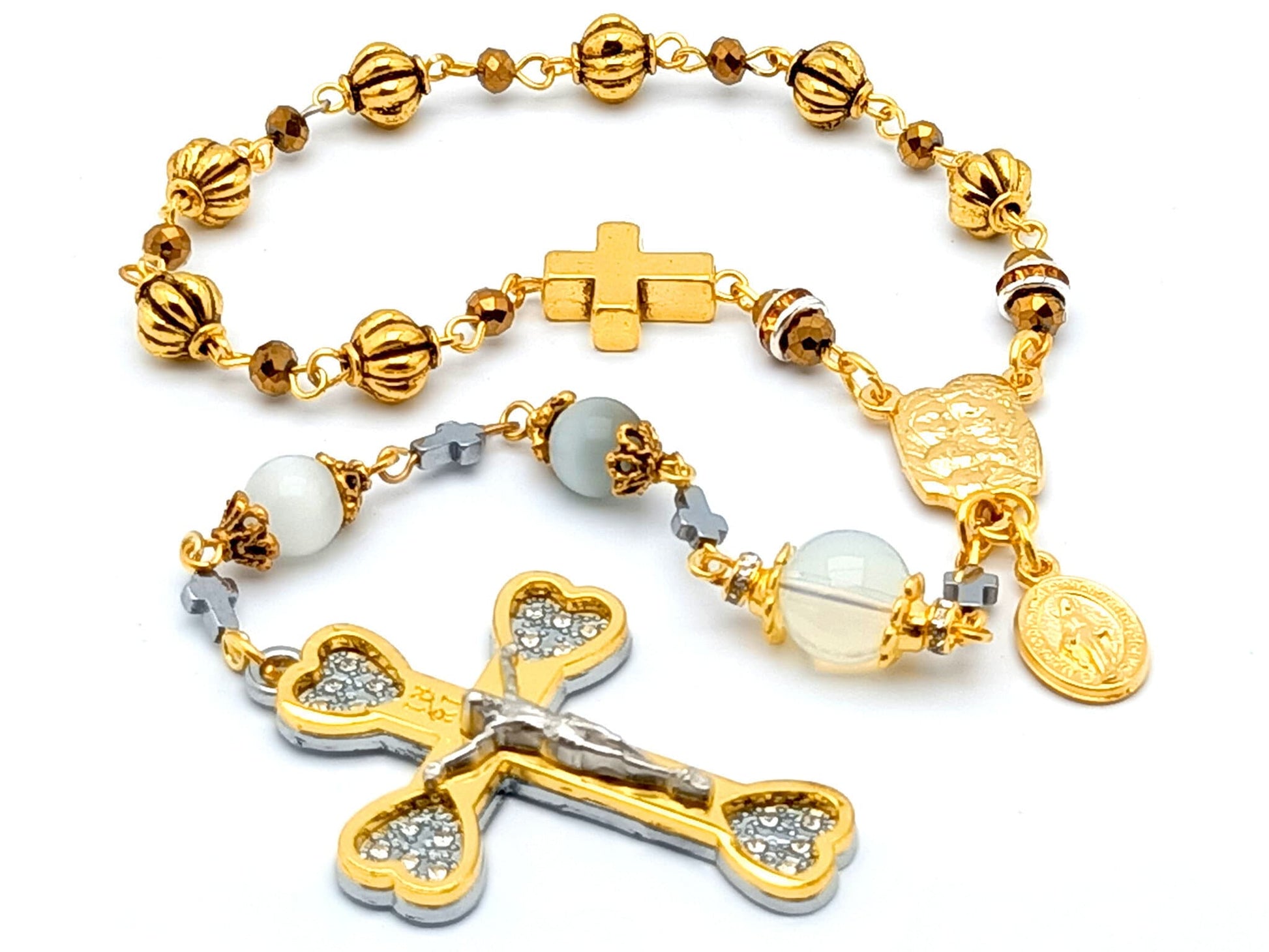 Our Lady of Sorrows unique rosary beads dolor rosary with golden and opal beads, Holy Spirit centre and gold heart crucifix.