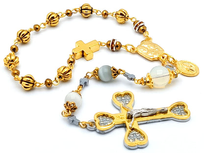 Our Lady of Sorrows unique rosary beads dolor rosary with golden and opal beads, Holy Spirit centre and gold heart crucifix.