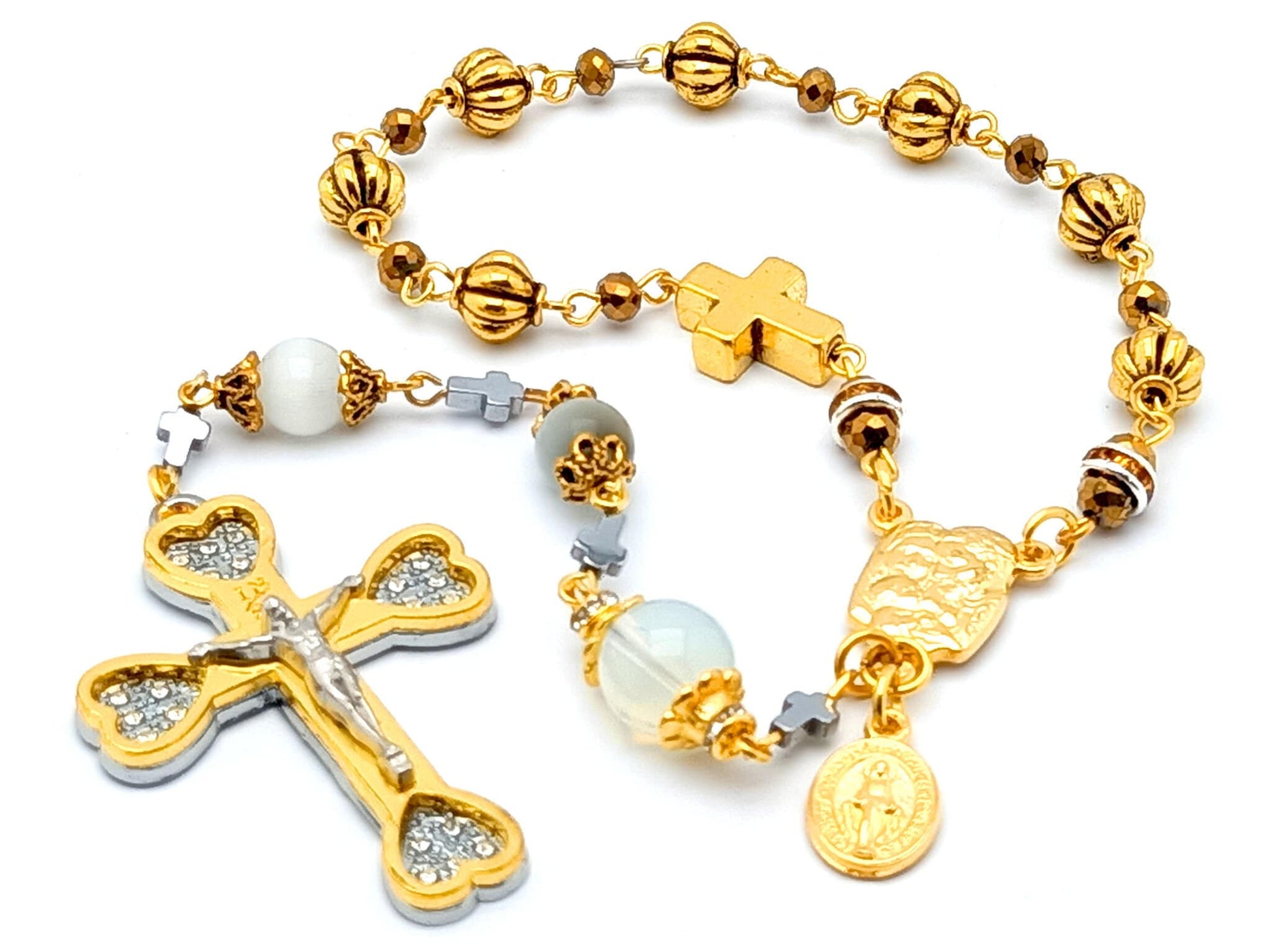Our Lady of Sorrows unique rosary beads dolor rosary with golden and opal beads, Holy Spirit centre and gold heart crucifix.