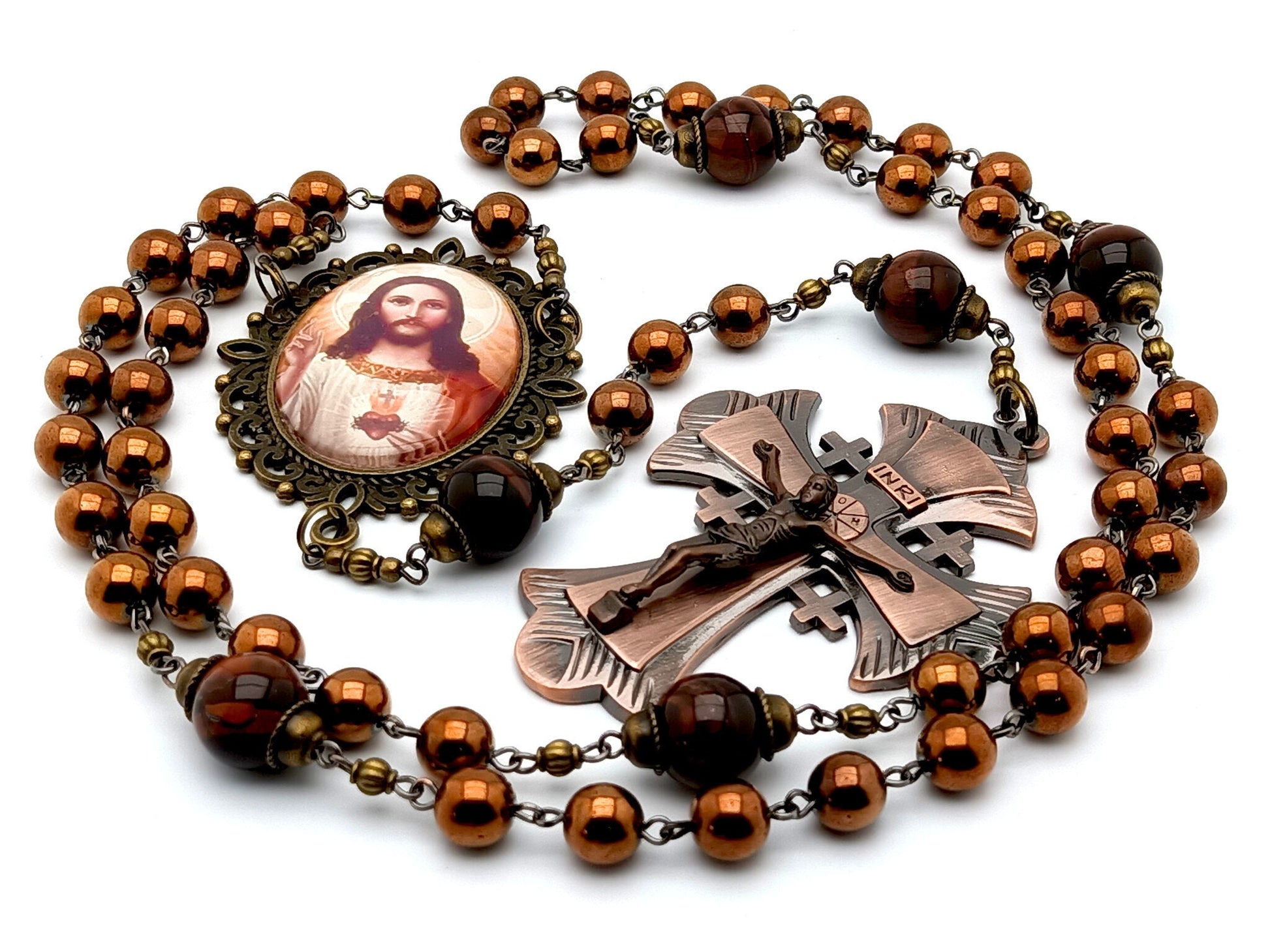 Sacred Heart unique rosary beads with bronze hematite and tigers eye gemstone beads, bronze crucifix and picture centre medal.