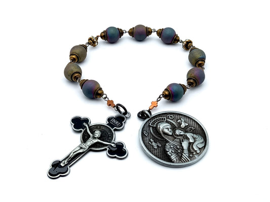 Our Lady of Perpetual Help unique rosary beads prayer chaplet with purple gemstone beads, pewter Our Lady end medal and black enamel crucifix.