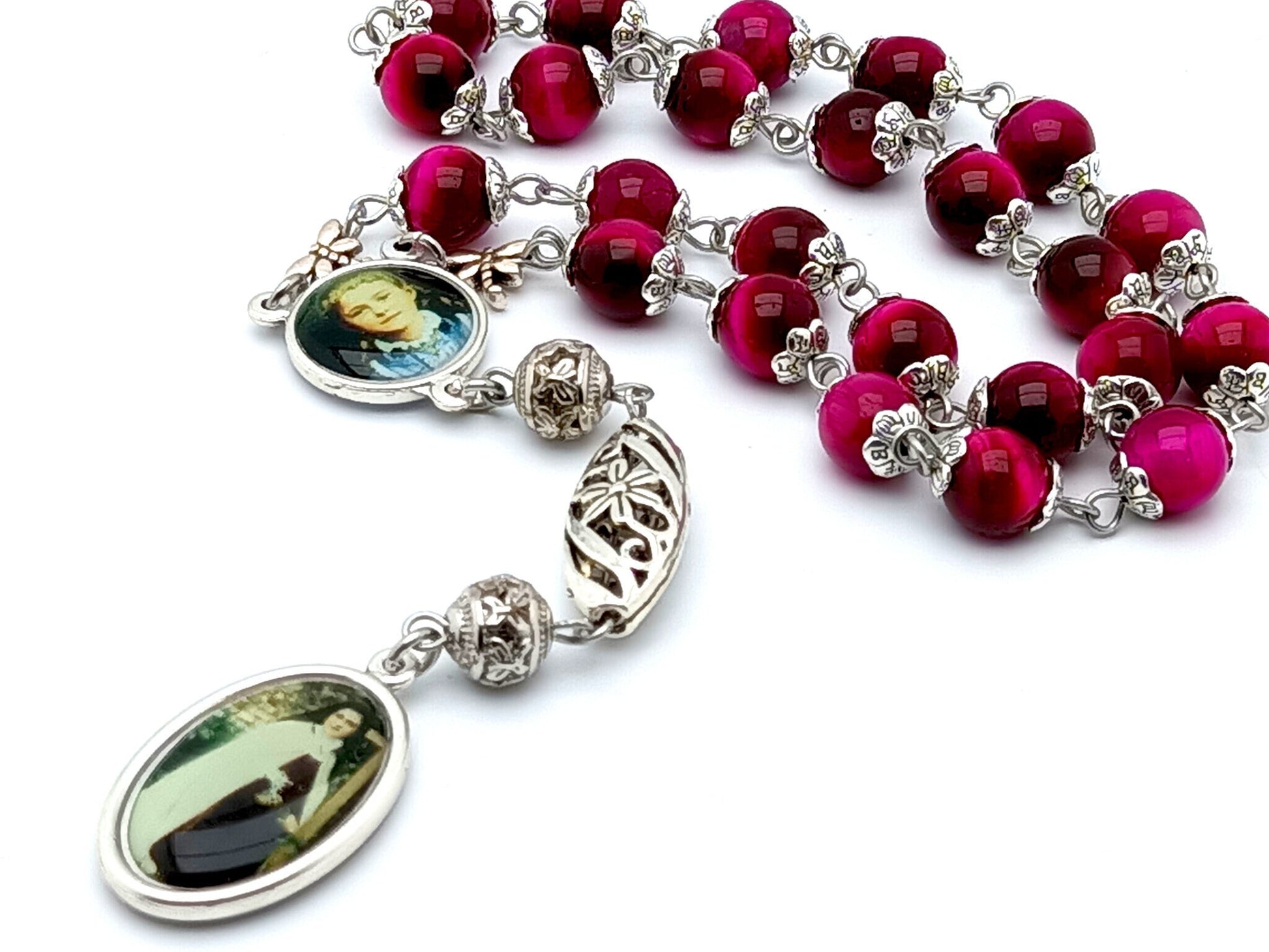 Saint Therese of Lisieux unique rosary beads prayer chaplet with pink tigers eye gemstone and silver beads, picture end and centre medals.