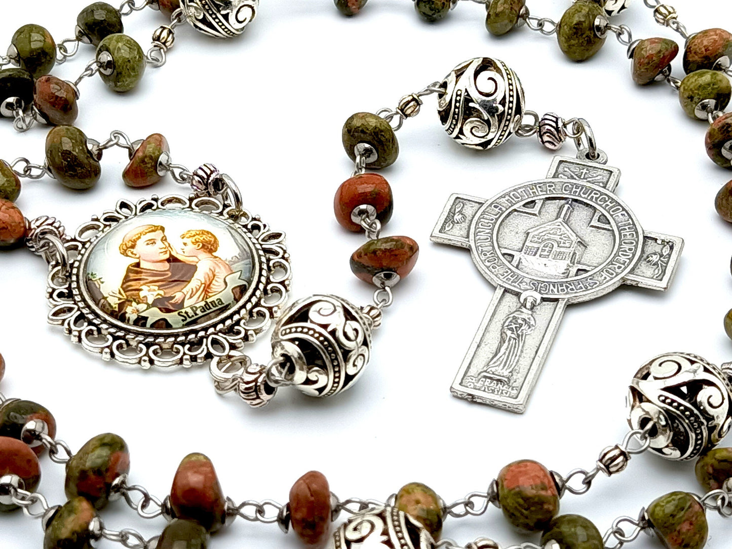 Saint Anthony of Padua unique rosary beads with nugget gemstone and silver bali beads, Portiuncula crucifix and picture centre medal.